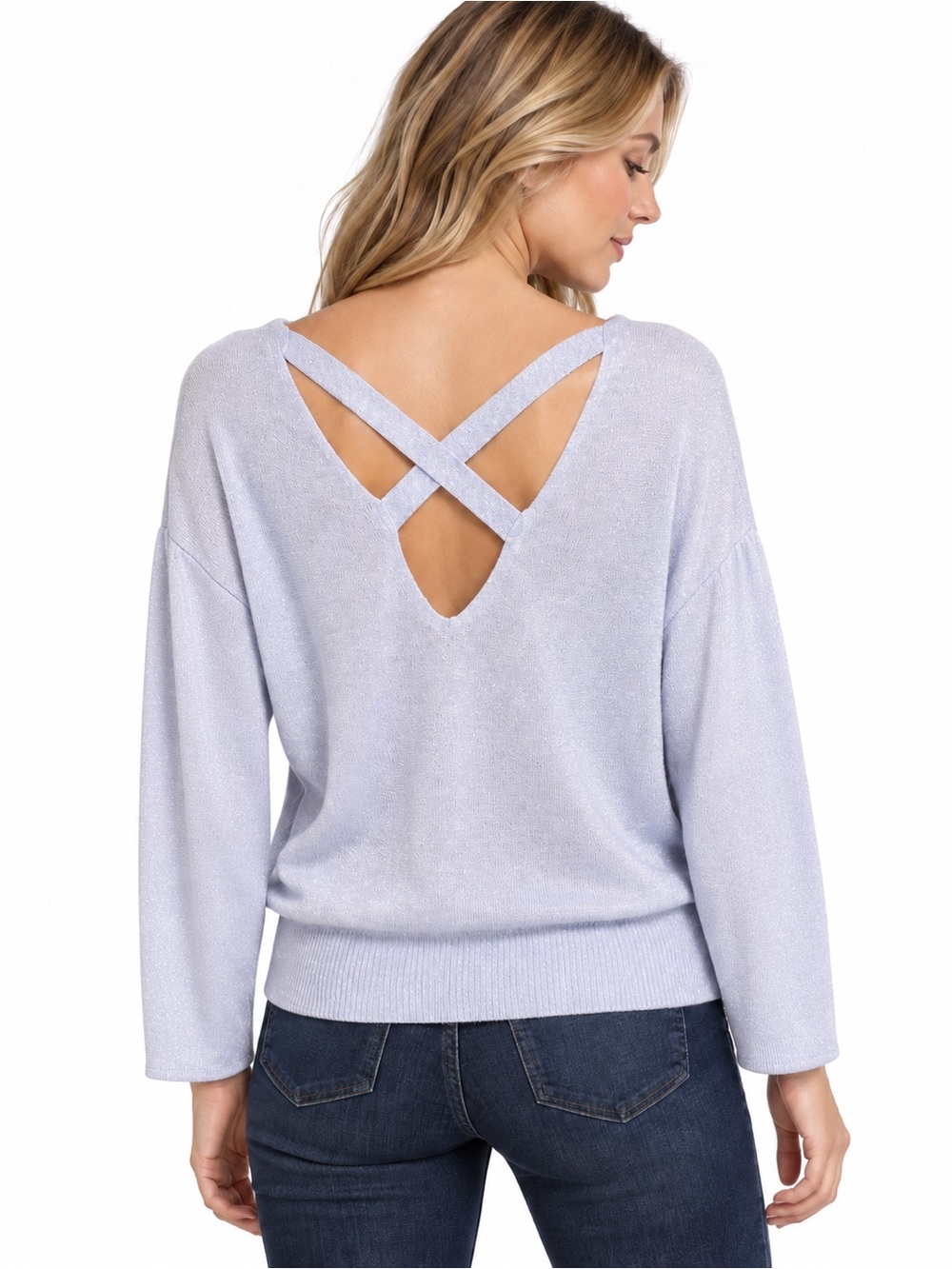 MANGO Sparkle Puff Sleeve Balloon Sparkle Criss-Cross back NWOT Periwinkle